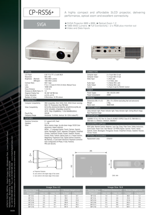 Page 2Unit: mm
nSVGA Projector (800 x 600)  nOptical Zoom 1.2 n1800 ANSI Lumens  nFull Connectivity – 2 x RGB plus monitor outnVideo and Data Inputs
Ahighly compact and affordable 3LCD projector, delivering
performance, optical zoom and excellent connectivity.
40 (1.0)  1.3 1.6 52.3 8.760 (1.5) 2.02.478.4 13.1100 (2.5) 3.34.0130.621.8150 (3.8)  5.0 6.0 195.9 32.7200 (5.1) 6.78.1261.343.5300 (7.6)  10.1 12.1 391.9 65.3
Screen Size
(Diagonal)
min. (m)b(top)
c(bottom)
73 202
285
OPTICAL
LCD Panel  0.55 PSi TFT x...