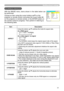 Page 31
3

Multifunctional settings
IMAGE menu
ItemDescription
ASPECT
Using the buttons ▲/▼ switches the mode for aspect ratio. 
At a RGB signal 4:3 ó 6:9 ó NORMAL   
At a video signal / no signal4:3 ó 6:9    
• The NORMAL mode keeps the original aspect ratio of the signal.
• At a HDTV component video signal of 5i (080i) or 750p (7 0p), this item can’t be chosen.
• Performing the automatic adjustment initializes the aspect ratio setting.
OVER SCAN
Using the buttons ▲/▼...