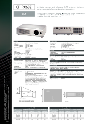 Page 2Unit: mm
nXGA Projector (1024 dots x 768 lines)  nNoise Level 33dB in Whisper Moden1600 ANSI Lumens  n1xRGB IN  nVideo and Data InputsnManual Zoom x1.2; Digital Zoom x1.2
A highly compact and affordable 3LCD projector, delivering
performance, optical zoom and excellent connectivity.
40 (1.0)  1.2 1.4 52.3 8.760 (1.5) 1.82.278.4 13.1100 (2.5) 3.03.6130.621.8150 (3.8)  4.5 5.5 195.9 32.7200 (5.1) 6.17.3261.343.5300 (7.6)  9.1 11.0 391.9 65.3
Screen Size
(Diagonal)
min. (m)
b(top)c(bottom)
73 202
285...