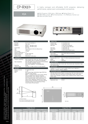 Page 2Unit: mm
nXGA Projector (1024 dots x 768 lines)  nOptical Zoom 1.2 n1900 ANSI Lumens  nFull Connectivity – 2 x RGB plus monitor out nVideo and Data Inputs
Ahighly compact and affordable 3LCD projector, delivering
performance, optical zoom and excellent connectivity.
40 (1.0)  1.2 1.4 52.3 8.760 (1.5) 1.82.278.4 13.1100 (2.5) 3.03.6130.621.8150 (3.8)  4.5 5.5 195.9 32.7200 (5.1) 6.17.3261.343.5300 (7.6)  9.1 11.0 391.9 65.3
Screen Size
(Diagonal)
min. (m)
b(top)c(bottom)
73 202
285
OPTICAL
LCD Panel  0.6...