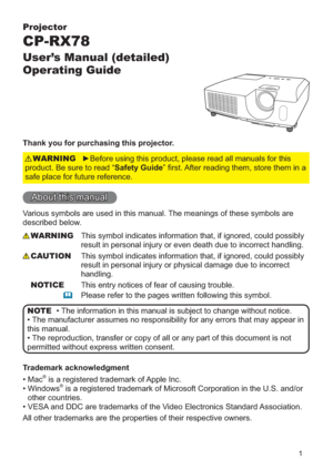 Page 11
Projector
CP-RX78
User’s Manual (detailed) 
Operating Guide
Thank you for purchasing this projector.

SURGXFW%HVXUHWRUHDG³Safety Guide