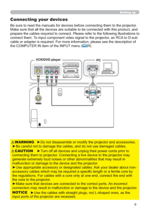 Page 189
VIDEO OUTRGB OUTCOMPONENT VIDEO OUT    Y      CB/PB   CR/PR
Setting up
Connecting your devices
Be sure to read the manuals for devices before connecting them to the projector. 
Make sure that all the devices are suitable to be connected with this product, and 
prepare the cables required to connect. Please refer to the following illustrations to 
connect them. To input component video signal to the projector, an RCA to D-sub 
cable or adapter is required. For more information, please see the...