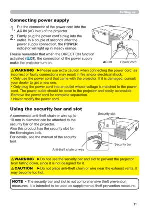 Page 2011
Setting up
Connecting power supply
3XWWKHFRQQHFWRURIWKHSRZHUFRUGLQWRWKH
AC IN$&LQOHWRIWKHSURMHFWRU
)LUPO\SOXJWKHSRZHUFRUG