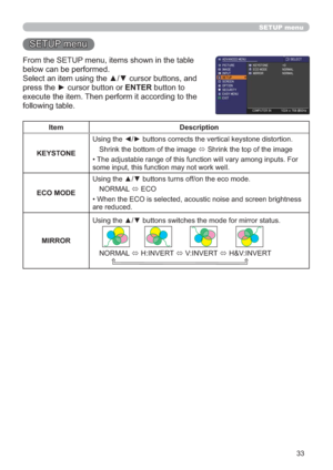 Page 4233
SETUP menu
6(783PHQX
)URPWKH6(783PHQXLWHPVVKRZQLQWKHWDEOH
EHORZFDQEHSHUIRUPHG
6HOHFWDQLWHPXVLQJWKHxzFXUVRUEXWWRQVDQG
SUHVVWKHyFXUVRUEXWWRQRUENTEREXWWRQWR
H[HFXWHWKHLWHP7KHQSHUIRUPLWDFFRUGLQJWRWKH
IROORZLQJWDEOH
Item Description
KEYSTONE
6KULQNWKHERWWRPRIWKHLPDJH
Ù6KULQNWKHWRSRIWKHLPDJH
