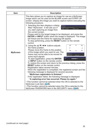 Page 4435
SCREEN menu
Item Description
MyScreen
LPDJHZKLFKFDQEHXVHGDVWKH%/$1.VFUHHQDQG67$5783
WKH
IROORZLQJSURFHGXUH
6HOHFWLQJWKLVLWHPGLVSOD\VDGLDORJ
WLWOHG³0\6FUHHQ´,WZLOODVN\RXLI
\RXVWDUWFDSWXULQJDQLPDJHIURP
WKHFXUUHQWVFUHHQ

ENTERRUINPUTEXWWRQZKHQWKHLPDJHLVGLVSOD\HG7KHLPDJH

7RVWRSSHUIRUPLQJSUHVVWKHRESETEXWWRQRQWKHUHPRWH
FRQWURO
8VLQJWKHxz{yEXWWRQVDGMXVWV
WKHIUDPHSRVLWLRQ
3OHDVHPRYHWKHIUDPHWRWKHSRVLWLRQ...