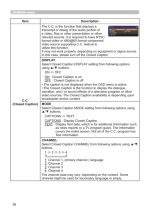Page 4738
SCREEN menu
Item Description
C.C.
(Closed Caption)7KH&&LVWKHIXQFWLRQWKDWGLVSOD\VD
WUDQVFULSWRUGLDORJRIWKHDXGLRSRUWLRQRI
DYLGHR¿OHVRURWKHUSUHVHQWDWLRQRURWKHU
UHOHYDQWVRXQGV,WLVUHTXLUHGWRKDYH176&
IRUPDWYLGHRRUL#IRUPDWFRPSRQHQW
YLGHRVRXUFHVXSSRUWLQJ&&IHDWXUHWR
XWLOL]HWKLVIXQFWLRQ
,WPD\QRWZRUNSURSHUO\GHSHQGLQJRQHTXLSPHQWRUVLJQDOVRXUFH
,QWKLVFDVHSOHDVHWXUQRIIWKH&ORVHG&DSWLRQ
DISPLAY
6HOHFW&ORVHG&DSWLRQ,63/$