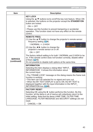 Page 5243
OPTION menu
Item Description
SERVICE
(continued)KEY LOCK
8VLQJWKHxzEXWWRQVWXUQVRQRIIWKHNH\ORFNIHDWXUH:KHQ21
STANDBY/ON
EXWWRQDUHORFNHG
21
Ù2))

RSHUDWLRQ7KLVIXQFWLRQGRHVQRWKDYHDQ\HIIHFWRQWKHUHPRWH
FRQWURO
REMOTE FREQ.
8VHWKHxzEXWWRQWRFKDQJHWKHSURMHFWRU