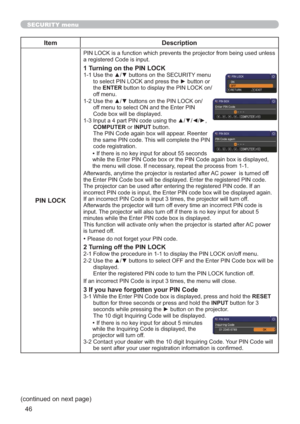 Page 5546
SECURITY menu
Item Description
PIN LOCK
XVHGXQOHVV
DUHJLVWHUHG&RGHLVLQSXW
1 Turning on the PIN LOCK8VHWKHxzEXWWRQVRQWKH6(&85,7