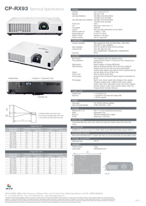 Page 2HITACHI DIGITAL MEDIA, Hitachi Europe Ltd, Whitebrook Park, Lower Cookham Road, Maidenhead, Berkshire  SL6 8YA  UNITED KINGDOM
Tel: +44 (0)1628 585 000   Fax: +44 (0)1628 585 500   www.hitachidigitalmedia.com
1.Compared to CP-X467 projector packaging. 2.RoHS is the acronym of Directive 2002/95 EC of the European Parliament and of the Council of 27 January 2003 on the restriction of the use of certain hazardous substances in electrical and electronic
equipment. *The stated lamp and filter life refers to...