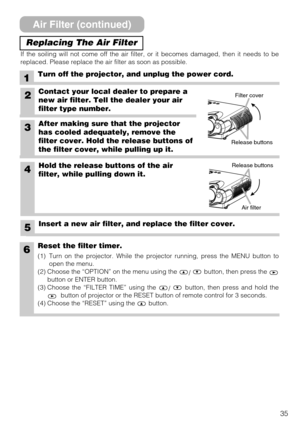 Page 3535
Replacing The Air Filter
Filter cover
Air filter Release buttons
Release buttons
Turn off the projector, and unplug the power cord.
2Contact your local dealer to prepare a
new air filter. Tell the dealer your air
filter type number.
4Hold the release buttons of the air
filter, while pulling down it. 
3After making sure that the projector
has cooled adequately, remove the
filter cover. Hold the release buttons of
the filter cover, while pulling up it.
6Reset the filter timer.
(1)  Turn on the...