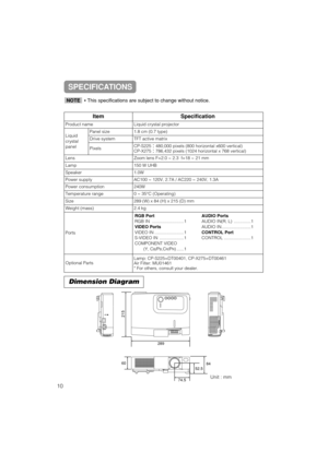 Page 40Dimension Diagram
Unit : mm
289
84
52.5
74.5
215
60
ItemSpecification
Product nameLiquid crystal projector
Liquid
crystal
panelPanel size1.8 cm (0.7 type)
Drive systemTFT active matrix
PixelsCP-S225480,000 pixels (800 horizontal x600 vertical)
CP-X275786,432 pixels (1024 horizontal x 768 vertical)
LensZoom lens F=2.0 ~ 2.3  f=18 ~ 21 mm
Lamp150 W UHB
Speaker1.0W
Power supplyAC100 ~ 120V, 2.7A / AC220 ~ 240V, 1.3A
Power consumption240W
Temperature range0 ~ 35°C (Operating)
Size289 (W) x 84 (H) x 215...