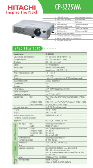 Page 1CP-S225WA
Model name   CP-S225WA 
Liquid crystal panel structure   0.7” polysilicon active-matrix TFT x 3
Number of pixels  480, 000 pixels (H800 x V600)
Resolution  800 x 600 color pixels
Colors 16.7 million colors
Aspect ratio Native 4:3/16:9 compatible
Lens  Manual zoom 1:1.2 (F2.0 - 2.3)
Throw ratio (distance:width) 1.2 ~ 1.45 : 1 
Lamp 150W UHB
Brightness  1,400 ANSI lumens (approx. 1,120 in whisper mode)
Expected lamp life Approx. 2,000 hours
Contrast ratio  500 : 1
Speakers  1W x 1
Power supply...