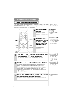 Page 2222
This projector has the following menus: MAIN, PICTURE-1, PICTURE-2, INPUT, AUTO,
SCREEN, OPTION. Each of these menus is operated using the same methods. The basic
operations of these menus are as follows.
1Press the MENU
button.
The menu display
appears on the screen.
2Use the /
buttons to select
a menu , then
press the or
ENTER button.
The display of the
selected menu
appears.
3Use the /
buttons to select an item,
then press the or ENTER button.
The operation display of the selected item appears....