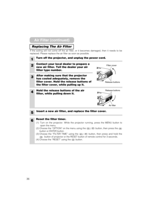 Page 3636
Replacing The Air Filter
Filter cover
Air filter Release buttons
Release buttons
Turn off the projector, and unplug the power cord.
2Contact your local dealer to prepare a
new air filter. Tell the dealer your air
filter type number.
4Hold the release buttons of the air
filter, while pulling down it. 
3After making sure that the projector
has cooled adequately, remove the
filter cover. Hold the release buttons of
the filter cover, while pulling up it.
6Reset the filter timer.
(1)  Turn on the...