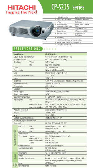 Page 1CPS235 series
Model name   CPS235 seriesLiquid crystal panel structure   0.55” polysilicon activematrix TFT x 3
Number of pixels  480, 000 pixels (H800 x V600)
Resolution  Video 540 TV lines
RGB 800 dots x 600 lines
Colors 16.7 million colors
Aspect ratio Native 4:3/16:9 compatible
Lens  Manual zoom 1:1.2 (F1.6  1.8)
Throw ratio (distance:width) 1.5 ~ 1.8 : 1
Lamp 160W UHB
Brightness  1,600 ANSI lumens (approx. 1,280 in whisper mode)
Expected lamp lifeApprox. 2,000 hours
Contrast ratio  400 : 1...