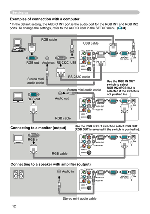 Page 12
12

Setting up
Examples of connection with a computer 
* In the default setting, the AUDIO IN1 port is the audio port for the RGB IN1 and RGB IN2 
ports. To change the settings, refer to the AUDIO item in the SETUP menu. 
(34)
Y R
L
AUDIO IN
2
AUDIO OU
T
CONTROL
RGB IN1
RGB IN2 USB
RGB OUT
AUDIO IN1
VIDE
O
S-VIDEO
CB/PB
CR/PRK
Y R
L
AUDIO IN
2
AUDIO OU
T
CONTROL
RGB IN1
RGB IN2 USB
RGB OUT
AUDIO IN1
VIDE
O
S-VIDEO
CB/PB
CR/PRK
Y R
L
AUDIO IN
2
AUDIO OU
T
CONTROL
RGB IN1
RGB IN2 USB
RGB OUT
AUDIO IN1...