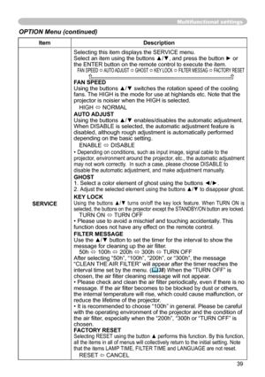 Page 39
39

Multifunctional settings
ItemDescription
SERVICE
Selecting this item displays the SERVICE menu.Select an item using the buttons ▲/▼, and press the button ► or the ENTER button on the remote control to execute the item.FAN SPEED   AUTO ADJUST   GHOST  KEY LOCK  FILTER MESSAG  FACTORY RESET       FAN SPEEDUsing the buttons ▲/▼ switches the rotation speed of the cooling 
fans. The HIGH is the mode for use at highlands etc. Note that the projector is noisier when the HIGH is selected.
HIGH ...