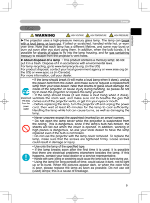 Page 9
9
ENGLISH

Lamp
Lamp
 WARNING HIGH VOLTAGE HIGH TEMPERATURE HIGH PRESSURE
►The  projector  uses  a  high-pressure  mercury  glass  lamp.  The  lamp  can break 
with  a  loud  bang,  or  burn  out,  if  jolted  or  scratched,  handled  while  hot,  or  worn 
over  time.  Note  that  each  lamp  has  a  different  lifetime,  and  some  may  burst  or 
burn  out  soon  after  you  start  using  them.  In  addition,  when  the  bulb  bursts,  it  is 
possible  for  shards  of  glass  to  ﬂy  into  the  lamp...