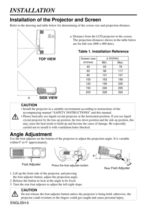 Page 6ENGLISH-6
INSTALLATION
Installation of the Projector and Screen
CAUTION
• Install the projector in a suitable environment according to instructions of the
accompanying manual “SAFETY INSTRUCTIONS” and this manual.
• Please basically use liquid crystal projector at the horizontal position. 
If you use liquid
crystal projector by the lens up position, the lens down position and the side up position, this
may cause the heat inside to build up and become the cause of damage.
Be especially
careful not to...