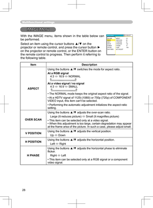 Page 28
28

Multifunctional settings
IMAGE Menu
ItemDescription
ASPECT
Using the buttons ▲/▼ switches the mode for aspect ratio. 
At a RGB signal 4:3  16:9  NORMAL   
At a video signal / no signal4:3  16:9  SMALL    
• The NORMAL mode keeps the original aspect ratio of the signal.
•  At a HDTV signal of 1125i (1080i)
 or 750p (720p) of COMPONENT VIDEO input, this item can't be selected. 
• Performing the automatic adjustment initializes the aspect ratio setting.
OVER SCAN
Using the buttons ▲/▼ adjusts...