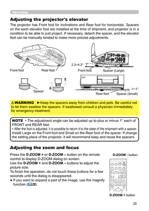 Page 2525
Operating
Adjusting the zoom and focus
Adjusting the projector's elevator
The  projector  has  Front  foot  for  inclinations  and  Rear  foot  for  horizontals.  Spacers 
on the each elevator foot are installed at the time of shipment, and projector is in a 
condition to be able to just project. If necessary, detach the spacer, and the elevator 
feet can be manually twisted to make more precise adjustments.
Front foot
Rear foot
2.3~4.3°
-1~1°
Front foot
Rear footSpacer
Spacer (Large)
Spacer...