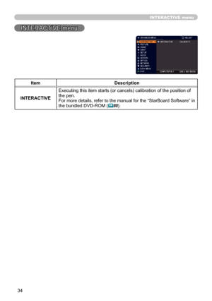 Page 3434
INTERACTIVE menu
INTERACTIVE menu
ItemDescription
INTERACTIVE Executing this item starts (or cancels) calibration of the position of 
the pen.
For more details, refer to the manual for the “StarBoard Software” in 
the bundled DVD-ROM
 (
80). 