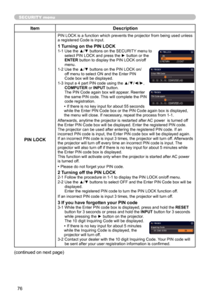 Page 7676
SECURITY menu
ItemDescription
PIN LOCK
PIN LOCK is a function which prevents the projector from being used unless 
a registered Code is input.
1 Turning on the PIN LOCK1-1   Use the ▲/▼ buttons on the SECURITY menu to 
select PIN LOCK and press the ► button or the 
ENTER button to display the PIN LOCK on/off 
menu.
1-2   Use the ▲/▼ buttons on the PIN LOCK on/
off menu to select ON and the Enter PIN 
Code box will be displayed. 
1-3   Input a 4 part PIN code using the ▲/▼/◄/►, 
COMPUTER or INPUT...