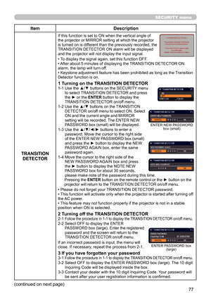 Page 7777
SECURITY menu
ItemDescription
TRANSITION  DETECTOR
If this function is set to ON when the vertical angle of 
the projector or MIRROR setting at which the projector 
is turned on is different than the previously recorded, the 
TRANSITION DETECTOR ON alarm will be displayed 
and the projector will not display the input signal.
• To display the signal again, set this function OFF.
• After about 5 minutes of displaying the TRANSITION DETECTOR ON 
alarm, the lamp will turn off.
• Keystone adjustment...