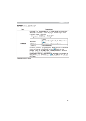 Page 3939
SCREEN menu
SCREEN menu (continued)
Item Description
67$5783

XQVXLWDEOHVLJQDOLVGHWHFWHG
0\6FUHHQ
Ù25,*,1$/
Ù78512))

)HDWXUH
0\6FUHHQ6FUHHQFDQEHUHJLVWHUHGE\WKH0\6FUHHQLWHP
	40
25,*,1$/ 6FUHHQSUHVHWDVWKHVWDQGDUGVFUHHQ
78512)) 3ODLQEODFNVFUHHQ
