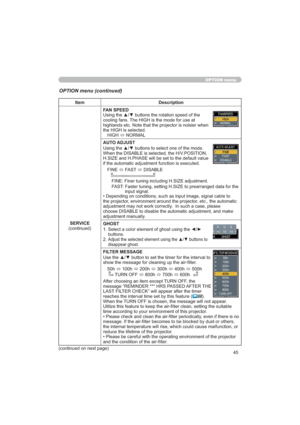 Page 4545
OPTION menu
OPTION menu (continued)
Item Description
SERVICE
FRQWLQXHG)$163((
8VLQJWKHxzEXWWRQVWKHURWDWLRQVSHHGRIWKH
FRROLQJIDQV7KH+,*+LVWKHPRGHIRUXVHDW

WKH+,*+LVVHOHFWHG
+,*+
Ù1250$/
$872$-867
8VLQJWKHxzEXWWRQVWRVHOHFWRQHRIWKHPRGH
:KHQWKH,6$%/(LVVHOHFWHGWKH+9326,7,21

LIWKHDXWRPDWLFDGMXVWPHQWIXQFWLRQLVH[HFXWHG
),1(
Ù)$67
Ù,6$%/(

),1()LQHUWXQLQJLQFOXGLQJ+6,=(DGMXVWPHQW
)$67
LQSXWVLJQDO
...