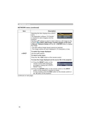 Page 5858
NETWORK menu
NETWORK menu (continued)
Item Description
H6+276HOHFWLQJWKLVLWHPGLVSOD\VWKHH6+27
PHQX
7KHDSSOLFDWLRQVRIWZDUH³3-7UDQVIHU´
LVUHTXLUHGWRVWRUHLPDJHVLQWRWKH
SURMHFWRU
WKH
H6+27 (
	H6+276WLOO,PDJH7UDQVIHULVSOD\RIWKH8VHU