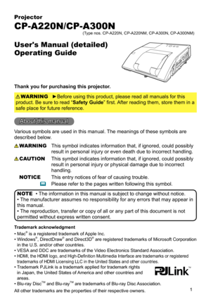 Page 11
Projector
CP-A220N/CP-A300N
User's Manual (detailed)  
Operating Guide
Thank you for purchasing this projector.
►Before using this product, please read all manuals for this 
product. Be sure to read “Safety Guide” first. After reading them, store them in a 
safe place for future reference. WARNING
• The information in this manual is subject to change without notice.
• The manufacturer assumes no responsibility for any errors that may appear in 
this manual.
• The reproduction, transfer or copy of...