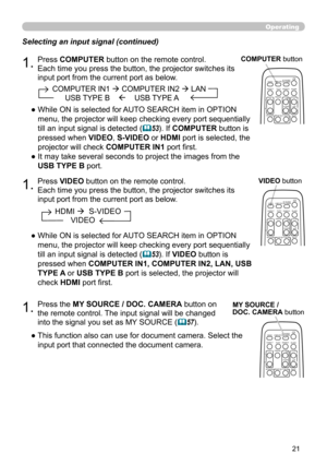 Page 2121
Operating
1.Press VIDEO button on the remote control.  
Each time you press the button, the projector switches its 
input port from the current port as below.
Selecting an input signal (continued)
●   While ON is selected for AUTO SEARCH item in OPTION 
menu, the projector will keep checking every port sequentially 
till an input signal is detected (
53). If 
VIDEO button is 
pressed when  COMPUTER IN1, COMPUTER IN2, LAN, USB 
TYPE A or USB TYPE B port is selected, the projector will 
check HDMI port...