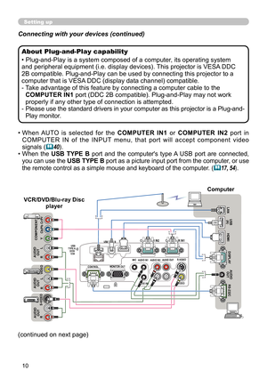 Page 1010
Connecting with your devices (continued)
•  When  AUTO  is  selected  for  the  COMPUTER  IN1  or COMPUTER  IN2  port  in 
COMPUTER  IN  of  the  INPUT  menu,  that  port  will  accept  component  video 
signals  (
40).
•  
When  the  USB  TYPE  B  port  and  the  computer's  type A  USB  port  are  connected, 
you can use the USB TYPE B port as a picture input port from the computer, or use 
the remote control as a simple mouse and keyboard of the computer. (
 17, 54) .
Setting up
(continued on...