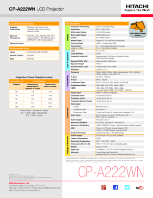 Page 1CP-A222WN LCD Projector
*   Actual lamp life will vary by individual lamp and based on environmental conditions, selected operating mode, user settings and usage. H\
ours of average lamp life specified are not guaranteed and do not constitute part of the product or lamp warranty. Lamp brightness decreases over time.**   Actual filter life will vary by individual filter and based on envir\
onmental conditions, selected operating mode, user settings and usage. H\
ours of average filter life specified are...