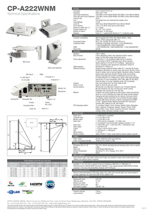 Page 2CP-A222WNM
Technical Specifications
12/12
HITACHI DIGITAL MEDIA, Hitachi Europe Ltd, Whitebrook Park, Lower Cookham Road, Maidenhead, Berkshire  SL6 8YA  UNITED KINGDOMTel: +44 (0)1628 585 000   Fax: +44 (0)1628 585 163   www.hitachidigitalmedia.com*The stated lamp and filter life refers to the average life expected in ideal operating conditions with usage in accordance with the manual. The majority of, but not all lamps and filters should achieve this figure. **Where a lamp fails within warranty and a...