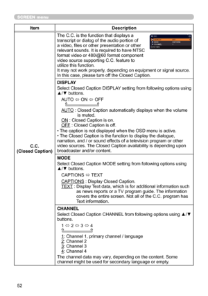 Page 5252
SCREEN menu
ItemDescription
C.C.
(Closed Caption) The C.C. is the function that displays a 
transcript or dialog of the audio portion of 
a video, files or other presentation or other 
relevant sounds. It is required to have NTSC 
format video or 480i@60 format component 
video source supporting C.C. feature to 
utilize this function.
It may not work properly, depending on equipment or signal source. 
In this case, please turn off the Closed Caption.
DISPLAY
Select Closed Caption DISPLAY setting from...