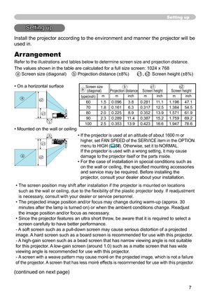 Page 77
Setting up
Install the projector according to the environment and manner the projector will be 
used in.
Setting up
(continued on next page)
Arrangement
Refer to the illustrations and tables below to determine screen size and projection distance.
The values shown in the table are calculated for a full size screen: 1024 x 768
  
a  Screen size (diagonal)     b  Projection distance (±8%)     c1 , c2  Screen height (±8%)
•
  The screen position may shift after installation if the projector is mounted on...