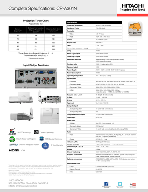 Page 11.800.HITACHI
900 Hitachi Way, Chula Vista, CA 91914
hitachi-america.us/projectors
* Actual lamp life will vary by individual lamp and based on environmental conditions, selected operating 
mode, user settings and usage. Hours of average lamp life specified ar\
e not guaranteed and do not 
constitute part of the product or lamp warranty. Lamp brightness decreases over time.
HI0003-01/12 WEB 
All specifications subject to change without notice.
3LCD and the 3LCD logo are registered trademarks of the Seiko...