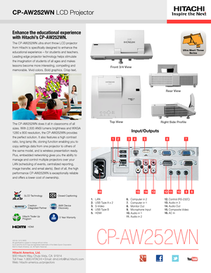 Page 3CP-AW252WN LCD Projector
Enhance the educational experience 
with Hitachi’s CP-AW252WN.
The CP-AW252WN ultra short throw LCD projector 
from Hitachi is specifically designed to enhance the 
educational experience
 — for students and teachers. 
Leading edge projector technology helps stimulate 
the imagination of students of all ages and makes 
lessons become more interesting, compelling and 
memorable. Vivid colors. Bold graphics. Crisp text. 
The CP-AW252WN does it all in classrooms of all 
sizes. With...