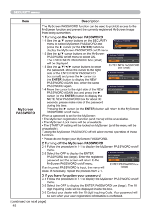 Page 4848
SECURITY menu
Item Description
MyScreen 
PASSWORD
The MyScreen PASSWORD function can be used to prohibit access to the 
MyScreen function and prevent the currently registered MyScreen image 
from being overwritten.
1 Turning on the MyScreen PASSWORD
1-1  Use the ▲/▼ cursor buttons on the SECURITY 
menu to select MyScreen PASSWORD and 
press the ► cursor (or the ENTER) button to 
display the MyScreen PASSWORD on/off menu.
1-2  
Use the ▲/▼ cursor buttons on the MyScreen 
PASSWORD on/off menu to select...