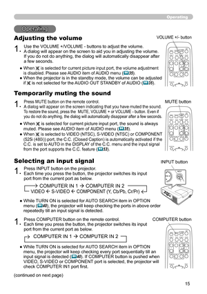 Page 15
5

               COMPUTER IN 1  COMPUTER IN 2  
        VIDEO  S-VIDEO  COMPONENT (Y, Cb/Pb, Cr/Pr)
Operating
Operating
1.
Adjusting the volume
Use the VOLUME +/VOLUME - buttons to adjust the volume. A dialog will appear on the screen to aid you in adjusting the volume. If you do not do anything, the dialog will automatically disappear after a few seconds.
●   When  is selected for current picture input port, the volume adjustment is disabled. Please see AUDIO item of AUDIO menu (35).
●...