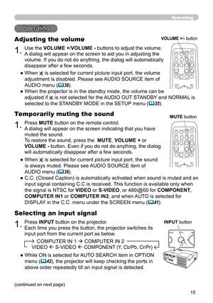 Page 1515
Operating
Operating
1.
Adjusting the volume
Use the VOLUME +/VOLUME - buttons to adjust the volume. 
A dialog will appear on the screen to aid you in adjusting the 
volume. If you do not do anything, the dialog will automatically 
disappear after a few seconds.
●   When 
 is selected for current picture input port, the volume 
adjustment is disabled. Please see AUDIO SOURCE item of 
AUDIO menu (
36).
●   When the projector is in the standby mode, the volume can be   
adjusted if  
 is not selected...