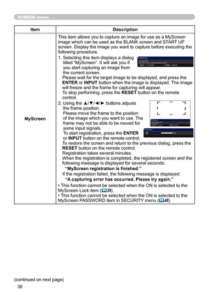 Page 3838
SCREEN menu
ItemDescription
MyScreen This item allows you to capture an image for use as a MyScreen 
image which can be used as the BLANK screen and START UP 
screen. Display the image you want to capture before executing the 
following procedure.
1.  
Selecting this item displays a dialog 
titled “MyScreen”. It will ask you if 
you start capturing an image from 
the current screen.
Please wait for the target image to be displayed, and press the 
ENTER or INPUT button when the image is displayed. The...