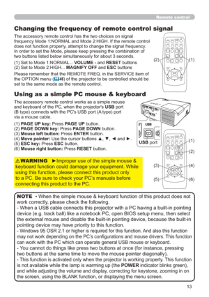 Page 2213
Remote control
Changing the frequency of  remote control signal

IUHTXHQF\0RGH1250$/DQG0RGH+,*+,IWKHUHPRWHFRQWURO
GRHVQRWIXQFWLRQSURSHUO\DWWHPSWWRFKDQJHWKHVLJQDOIUHTXHQF\
RI

Using as a simple PC mouse & keyboard

DQGNH\ERDUGRIWKH3&ZKHQWKHSURMHFWRU
VUSBSRUW
%W\SHFRQQHFWVZLWKWKH3&
V86%SRUW$W\SHSRUW
YLDDPRXVHFDEOH(1)
(2)
(1)
(3)
(5)(2)
(4)
(6)
VIDEODOC.CAMERA
KEYSTONE
ASPECT SEARCH
BLANK
MUTE
MY BUTTON
POSITION
12
ESCENTERMENURESET
COMPUTERMY...