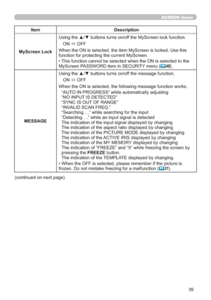 Page 4839
SCREEN menu
Item Description
MyScreen Lock8VLQJWKHxzEXWWRQVWXUQVRQRIIWKH0\6FUHHQORFNIXQFWLRQ
21
Ù2))

IXQFWLRQIRUSURWHFWLQJWKHFXUUHQW0\6FUHHQ
