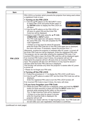 Page 5849
SECURITY menu
Item Description
PIN LOCK
XVHGXQOHVV
DUHJLVWHUHG&RGHLVLQSXW
1 Turning on the PIN LOCK8VHWKHxzEXWWRQVRQWKH6(&85,7