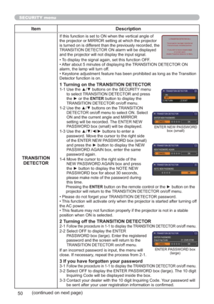 Page 5950
SECURITY menu
Item Description
TRANSITION
DETECTOR


LVWXUQHGRQLVGLIIHUHQWWKDQWKHSUHYLRXVO\UHFRUGHGWKH
75$16,7,21(7(&72521DODUPZLOOEHGLVSOD\HG

