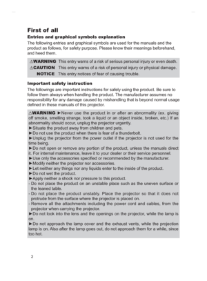 Page 762
First of  all
Entries and graphical symbols explanation
The following entries and graphical symbols are used for the manuals and the 
product as follows, for safety purpose. Please know their meanings beforehand, 
and heed them.
Important safety instruction
SURGXFW%HVXUHWR
follow them always when handling the product. The manufacturer assumes no 
responsibility for any damage caused by mishandling that is beyond normal usage 
GH