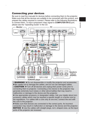 Page 817
ENGLISH
  Y CB/PB   CR/PRCOMPONENT VIDEO OUTL R
AUDIO OUTVIDEO OUTL R
AUDIO OUT
AUDIO OUTRGB OUTAUDIO OUTRGB OUTRS-232CRGB IN
L R
AUDIO OUTS-VIDEO OUT
USB
L R
AUDIO IN
Connecting your devices
WRWKHSURMHFWRU
Make sure that all the devices are suitable to be connected with this product, and 
prepare the cables required to connect. Please refer to the following illustrations 
to connect them. To input component video signal to COMPUTER IN1/2 port, 
SOHDVHVHHWKH³2SHUDWLQJ*XLGH´LQWKH&
VCR/DVD...